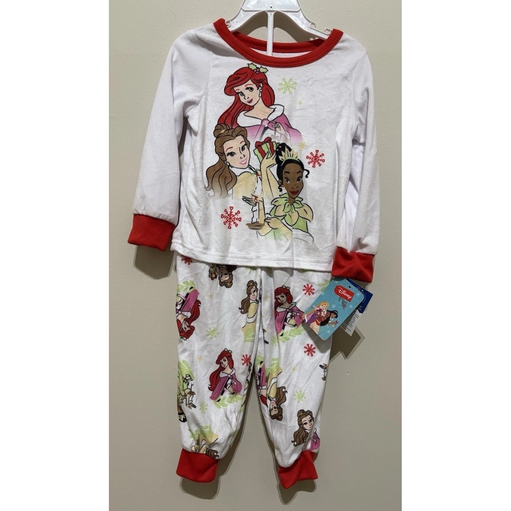 Disney Princess Ariel Belle Tiana 2Pc Pajama Set Girls 3T NWT Holiday Soft